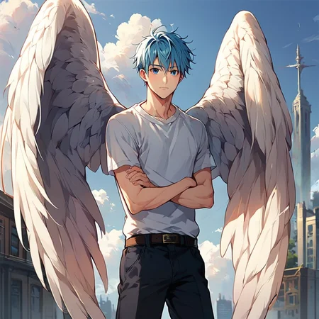 score_9, score_8_up, score_7_up,medium shot ,1boy,<lora:wings-000020:0.8>wingsd, olo, looking at viewer, short hair, blue eyes, shirt, 1boy, closed mouth, blue hair, standing, white shirt, short sleeves, male focus, cowboy shot, outdoors, wings, sky, day, belt, pants, cloud, blue sky, black pants, crossed arms, t-shirt, building, feathered wings, angel wings, white wings