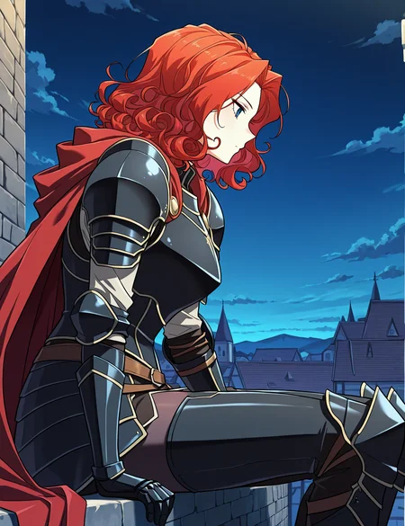 <lora:Alicia_Termina_Magentano__The_Greatest_Estate_Designer:1>
1 girl, solo, red hair, blue eyes, medium hair, curly hair
armor, red cape, black shoulder armor, black pauldrons, black gauntlets, black breastplate
score_9, score_8_up, score_7_up, score_6_up, source_anime, masterpiece, best quality, absurdres, highres, newest, anime coloring <break> 1girl, solo, sitting, on wall, from side, town, night sky, cloud