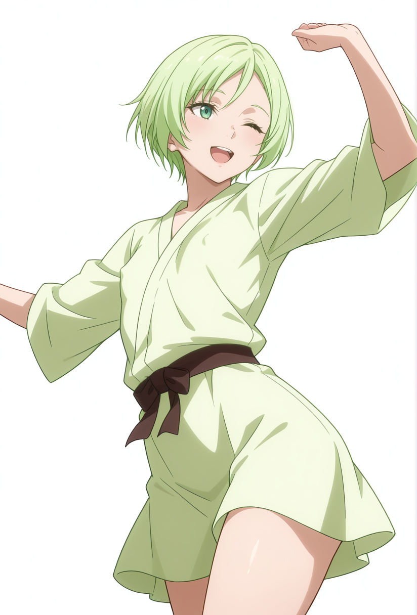 Smooth Quality,masterpiece,very intricate, high quality details, ultra realistic, high detailed skin,detailed enviorement,absurdres,
simple background, white background,solo,
from below,dancing, covered nipples, 
;d,
unitard,  ,robe,  ,short skirt,,
 <lora:Trya_CNR:0.7>trya_cnr, 1girl,green hair, short hair, green eyes, androgynous,