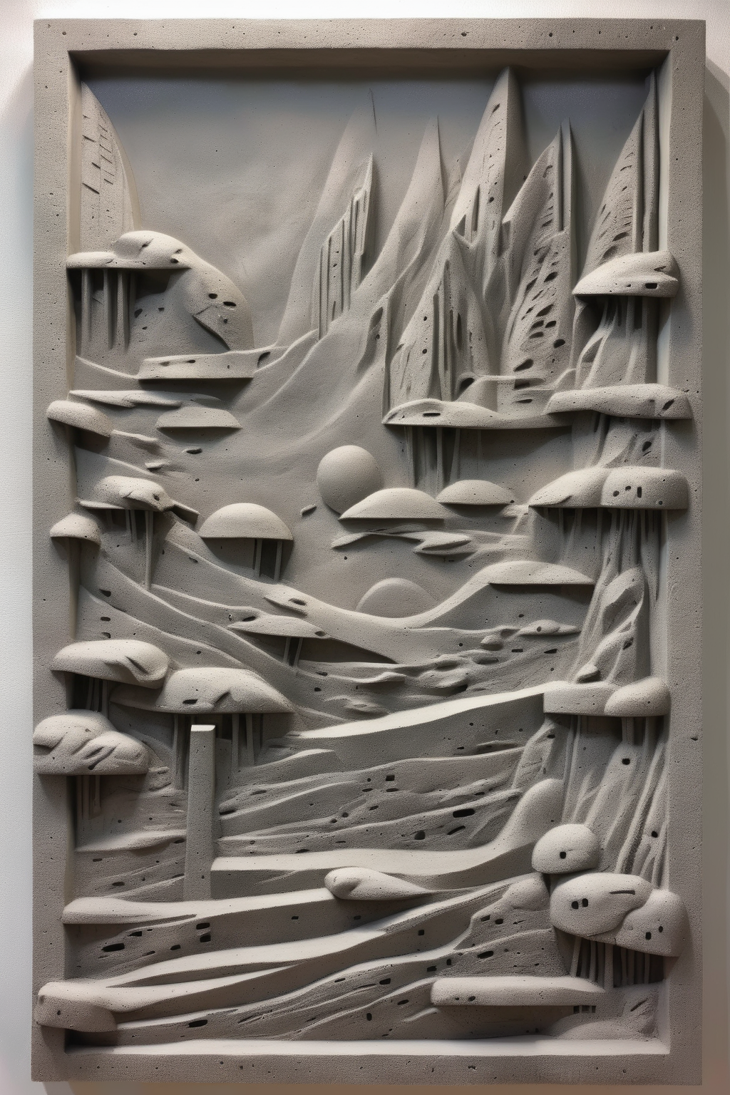 <lora:BAS-RELIEF:1>BAS-RELIEF - a rugged croncrete-casted bas-relief depecting brutalist landscapes