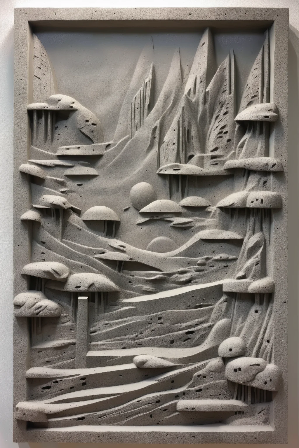 <lora:BAS-RELIEF:1>BAS-RELIEF - a rugged croncrete-casted bas-relief depecting brutalist landscapes