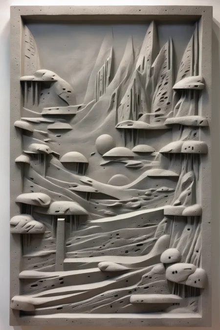 <lora:BAS-RELIEF:1>BAS-RELIEF - a rugged croncrete-casted bas-relief depecting brutalist landscapes