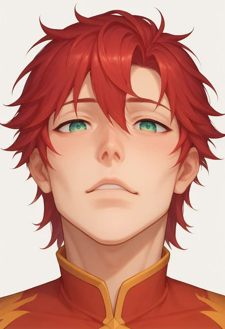 score_9, score_8_up, score_7_up, 8k, best quality, charturnerv2, sz4d3k, 1boy, even skin tone, cell shaded, male focus, indirect lighting, detailed face, detailed eyes, detailed, Expressiveh, adult male, Suzaku, red hair, green eyes, Phoenix garb, close up, face focus, head shots, front view,