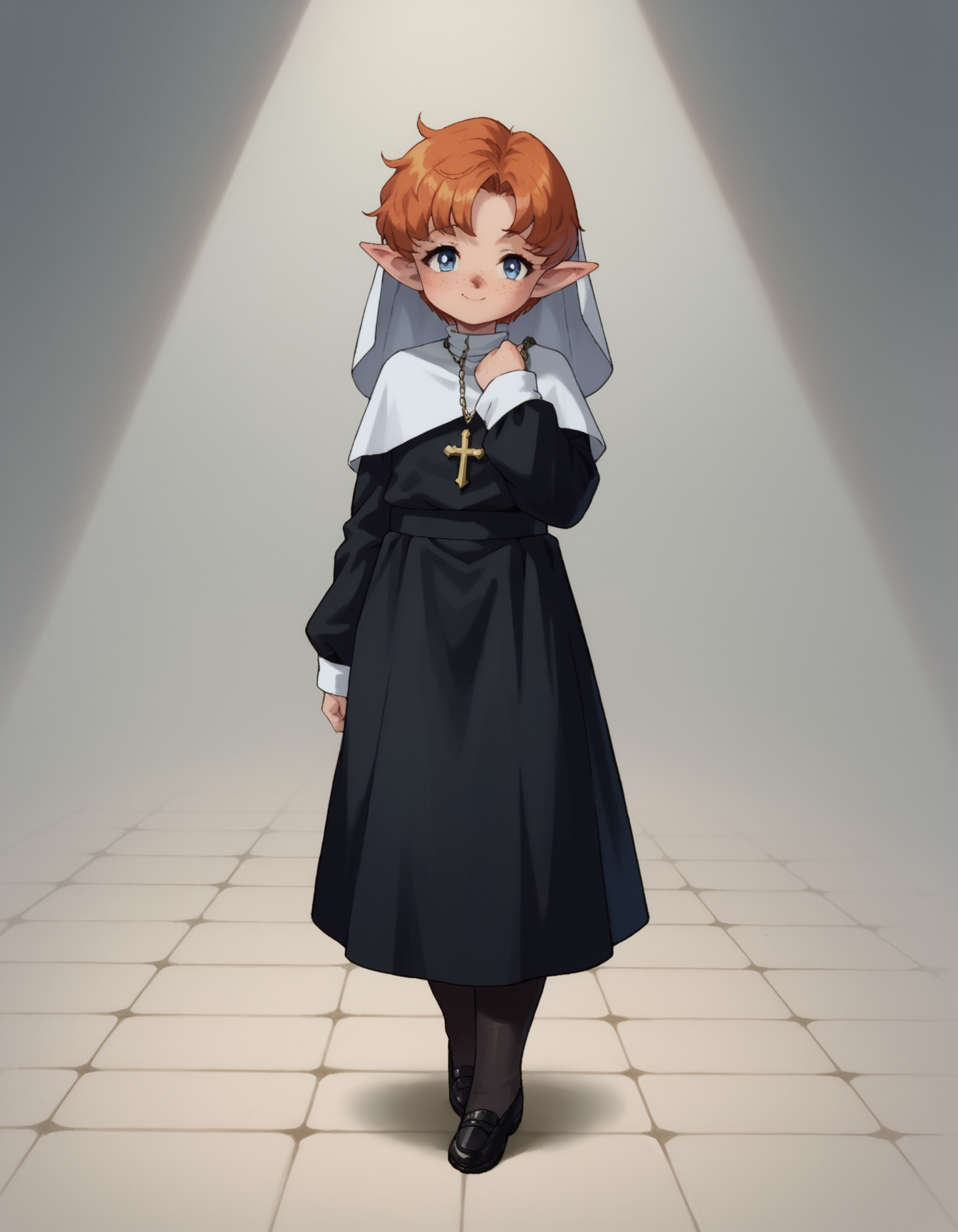 zPDXL, score_9, score_8_up, score_7_up, source_anime,
1girl, solo,  <lora:SailorMoon:1> slrmn, <lora:Popipi_v1:0.8> popipi, lalafell, blue eyes, dark nose, freckles, orange hair, short hair, pointy ears,, smile, standing on shoulder, nun wearing white habit with a veil and long-sleeves, ankle-length skirt, black stockings, traditional nun's coif, black leather shoes, shoulder cape,