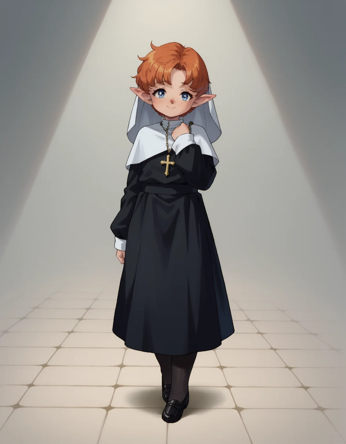 zPDXL, score_9, score_8_up, score_7_up, source_anime,
1girl, solo,  <lora:SailorMoon:1> slrmn, <lora:Popipi_v1:0.8> popipi, lalafell, blue eyes, dark nose, freckles, orange hair, short hair, pointy ears,, smile, standing on shoulder, nun wearing white habit with a veil and long-sleeves, ankle-length skirt, black stockings, traditional nun's coif, black leather shoes, shoulder cape,