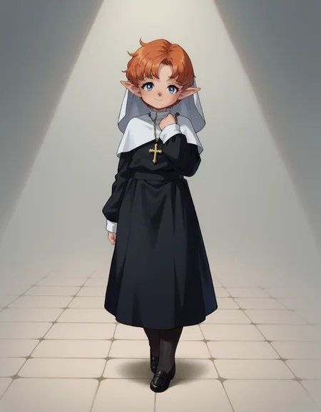 zPDXL, score_9, score_8_up, score_7_up, source_anime,
1girl, solo, <lora:SailorMoon:1> slrmn, <lora:Popipi_v1:0.8> popipi, lalafell, blue eyes, dark nose, freckles, orange hair, short hair, pointy ears,, smile, standing on shoulder, nun wearing white habit with a veil and long-sleeves, ankle-length skirt, black stockings, traditional nun's coif, black leather shoes, shoulder cape,
