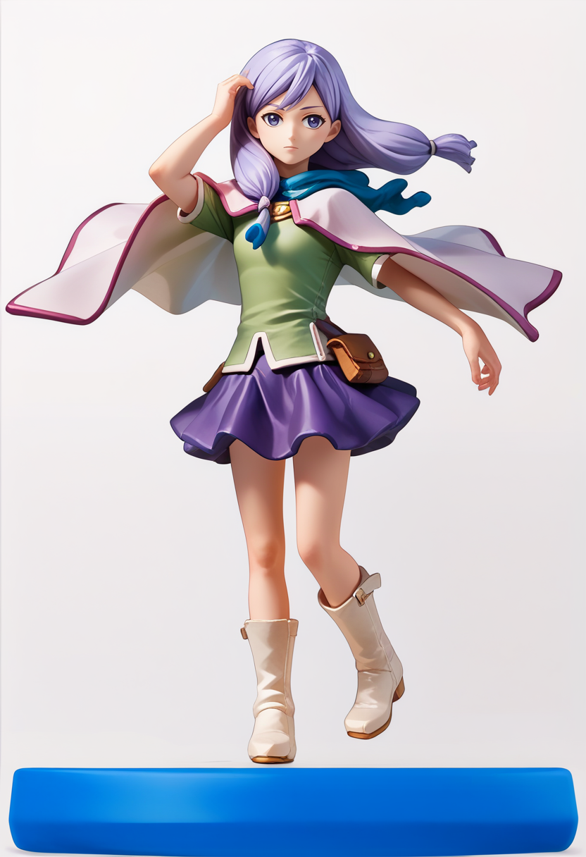 score_9, score_8_up, score_7_up, source_anime, 1girl, simple background, white background, <lora:Amiibo_pdxl_Incrs_v1:1> amiibo, figure, solo, full body, 
BREAK <lora:IlyanaPoRXL:1> ilyanaPoR, lavender hair, bangs, lavender eyes, purple skirt, green shirt, short sleeves, pink capelet, white footwear, knee boots