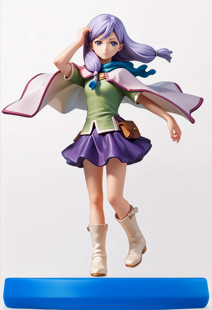 score_9, score_8_up, score_7_up, source_anime, 1girl, simple background, white background, <lora:Amiibo_pdxl_Incrs_v1:1> amiibo, figure, solo, full body,
BREAK <lora:IlyanaPoRXL:1> ilyanaPoR, lavender hair, bangs, lavender eyes, purple skirt, green shirt, short sleeves, pink capelet, white footwear, knee boots