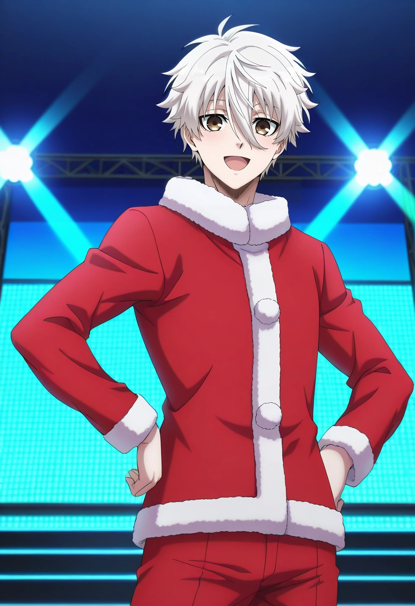 masterpiece, best quality, , anime screencap, , , looking at viewer, , 1boy, solo, male focus, <lora:seishirou_nagi_ilxl:1>, seishirou_nagi, white hair, brown eyes, short hair, bangs, hair between eyes, focused, concert, stage, stage lights, idol, dusk, hand on hip, :D, santa claus costume