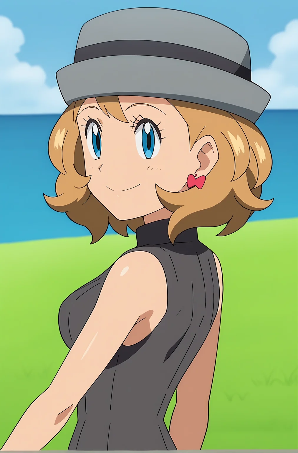 score_9, score_8_up, score_7_up, source anime, anime, animification, anime screencap, anime coloring, vivid colors, shiny skin, skindentation, deep skin, depth of field, high quality, highres, (dynamic angle,dynamic pose),
serenaj, 1girl, solo, smile, short hair, blue eyes, brown hair, hat, jewelry, closed mouth, upper body, heart, earrings, sky, sleeveless, cloud, medium hair, from side, eyelashes, turtleneck, border, sweater vest, sleeveless turtleneck, grey headwear, serena \(pokemon\)
BREAK
masterpiece, high quality
<lora:Serena_Journeys:0.9>