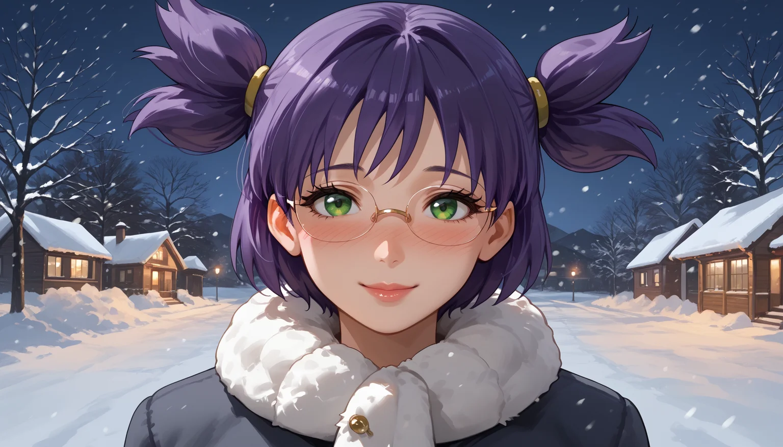 16k, 8k, 4k,
score_9, score_8_up, score_7_up, source_anime, flat anime,
best quality, masterpiece, ultra detailed,
<lora:Expressive_H:1>, light smile, (blush:1.3), closed mouth, lips, nose, glasses,
looking at viewer, portrait, upperbody,
<lora:Everlasting_Summer_Lena_by_GraffMetal_V1.2:1>, 162 cm height, 18 years old, lena, purple hair, green eyes, short hair, short twintails, twintails, two side up, bangs, solo, large breasts, mature,
winter outfit,
amazing background, winter, night, snow, snowing, warm light,