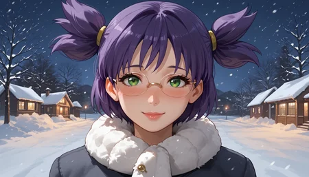 16k, 8k, 4k,
score_9, score_8_up, score_7_up, source_anime, flat anime,
best quality, masterpiece, ultra detailed,
<lora:Expressive_H:1>, light smile, (blush:1.3), closed mouth, lips, nose, glasses,
looking at viewer, portrait, upperbody,
<lora:Everlasting_Summer_Lena_by_GraffMetal_V1.2:1>, 162 cm height, 18 years old, lena, purple hair, green eyes, short hair, short twintails, twintails, two side up, bangs, solo, large breasts, mature,
winter outfit,
amazing background, winter, night, snow, snowing, warm light,
