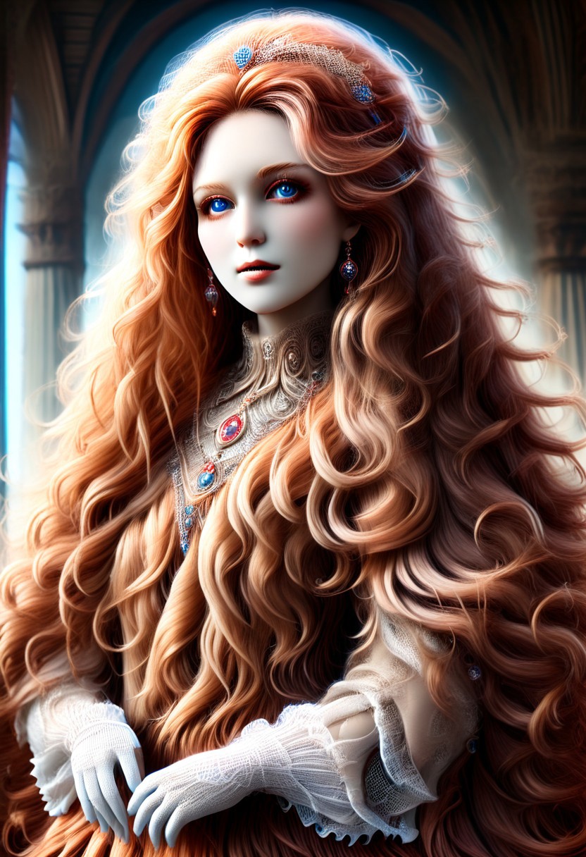 (made of w00kiee), (masterpiece), (castle:1.6), (pale skin), jewelry-tiara, ruby_deep-orange hair, long wavy hair, nose, (shiny lip), closed mouth, long dress made of w00kiee, white garter, elbow gloves, royal_cape, looking at viewer, standing, close-up, censored, puffy sleeves, closed dress, beautiful high-neck top, fully dressed, (ANATOMICALLY CORRECT:1.6), (scenery:2),  natural correct blue eyes, vintage-gala, Philia Hema.