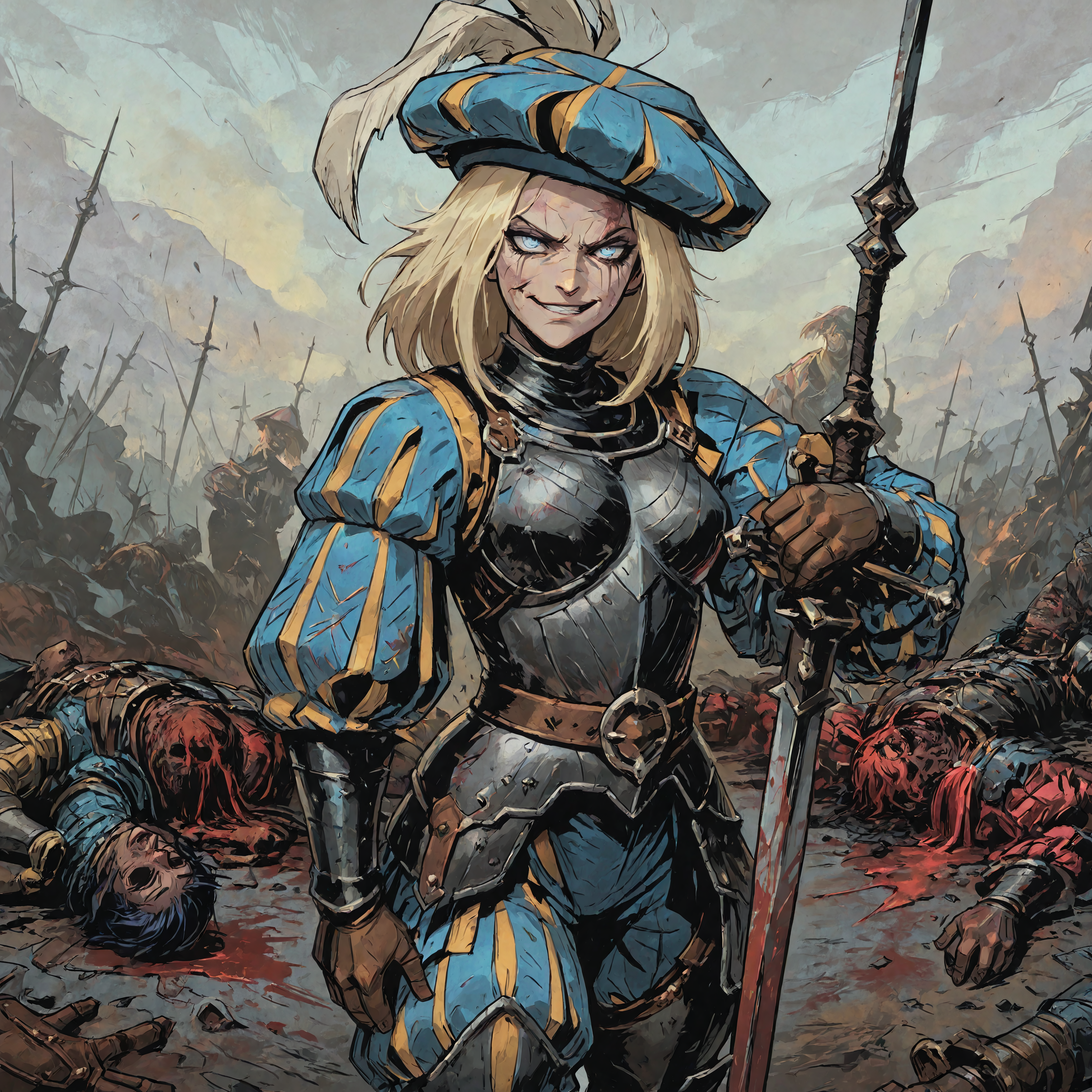 smooth quality, masterpiece, best quality, newest, absurdres, highres, anime, anime style, bright colors, battlefield, corpse, TTCSV1.0, LKAV1.0, portrait, 1girl, landsknecht, armor, belt, breastplate, chaperon hat, faulds, asymmetrical legwear, asymmetrical armor, puffy sleeves, puffy pants, hand on weapon, sword, blonde hair, blue eyes, scar on face, smirk, blood on weapon, 
HDR, masterpiece, best quality, newest, absurdres, highres, anime, anime style, bright colors, <lora:add-detail-xl:1.5> <lora:LKAV1.0:0.8> <lora:TTCSV1.0:0.9> <lora:illustriousXL_stabilizer_v1.72:0.4>