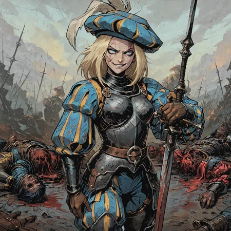 smooth quality, masterpiece, best quality, newest, absurdres, highres, anime, anime style, bright colors, battlefield, corpse, TTCSV1.0, LKAV1.0, portrait, 1girl, landsknecht, armor, belt, breastplate, chaperon hat, faulds, asymmetrical legwear, asymmetrical armor, puffy sleeves, puffy pants, hand on weapon, sword, blonde hair, blue eyes, scar on face, smirk, blood on weapon,
HDR, masterpiece, best quality, newest, absurdres, highres, anime, anime style, bright colors, <lora:add-detail-xl:1.5> <lora:LKAV1.0:0.8> <lora:TTCSV1.0:0.9> <lora:illustriousXL_stabilizer_v1.72:0.4>