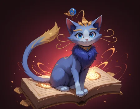 <lora:Yuumi_League_of_Legends_-_Illustrious:1> yuumi-default, antennae orb, female cat, feral female, quadruped, solo, looking at viewer, happy, sitting on book, open book, magic, floating, floating book, highres, high quality, masterpiece, best quality, very aesthetic, absurdres, newest, perfect quality, absolutely eye-catching