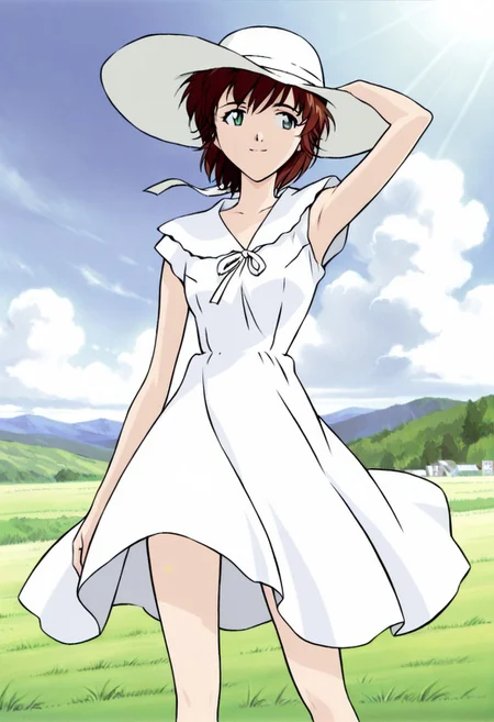 masterpiece, best quality, amazing quality, very aesthetic, absurdres, 1girl, solo,
KirishimaManaILXL, 1girl, solo, brown hair, short hair, green eyes,closed mouth,smile,sun hat, white dress,white sandals,arm up, hair intakes, arm at side, legs apart, standing, grass,outdoor,wind,cloud sky, sunlight,lens flare, cowboy shot
