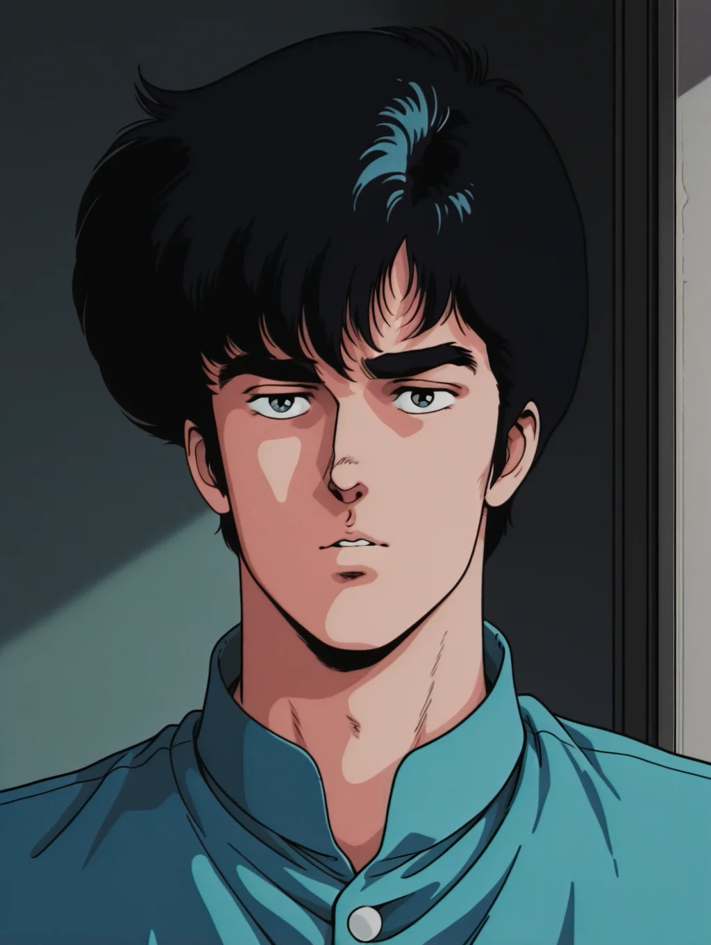 masterpiece, best quality, amazing quality, Yoh Hinomura, thick eyebrows, 1 boy, male focus, solo, 1980s \(style\)