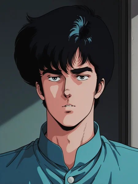 masterpiece, best quality, amazing quality, Yoh Hinomura, thick eyebrows, 1 boy, male focus, solo, 1980s \(style\)