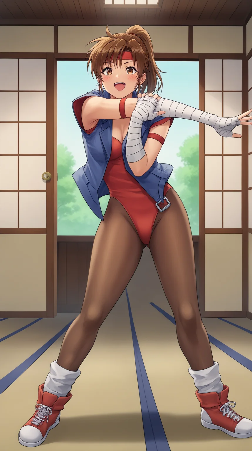 score_9, score_8_up, score_7_up,anime_source, source_anime, best background, detailed background, anime screencap, 4k, upscale, Tia Langray, Main Outfit, solo, smile, open mouth, full body, stretching, indoors, dojo, blush <lora:JN_Tia_Langray_Pony:0.8>