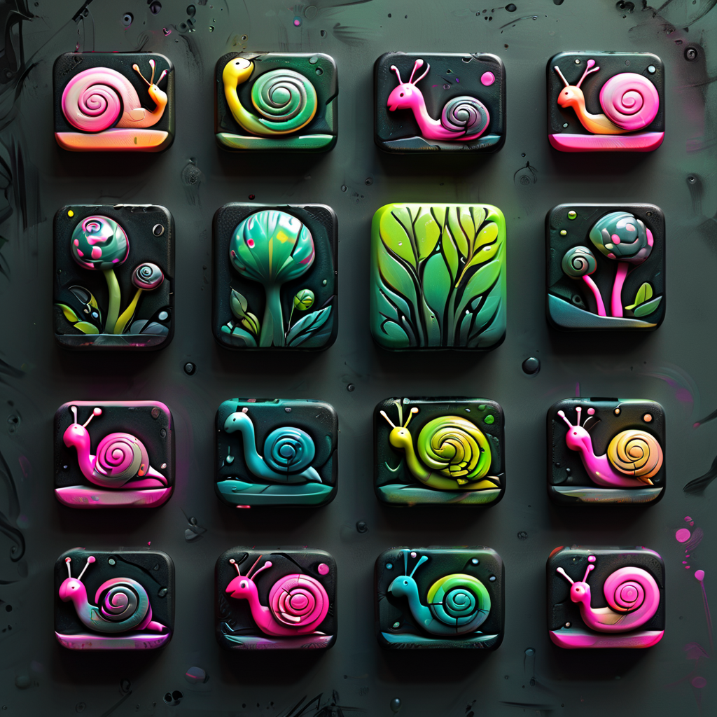 <lora:artfullyTILED_SDXL_V2:0.7>,collection of icons of a minimalistic logo for ArtfullyPrompt featuring a black background,a snail gracefully moving with a vibrant paint trail in neon green and neon pink,incorporating pastel tones and subtle hints of ink,charcoal,and watercolor for an artistic and refined touch arranged in a grid of icons,<lora:ral-opal:0.3>,<lora:artfullytinyfae_sdxl_v1:0.4>,<lora:ARTFULLYORACLESDXL-V1:0.4>,<lora:artfullyinsect_-_v1-000007:0.5>,<lora:artfullymaleform_sdxl_v1:0.3>,
