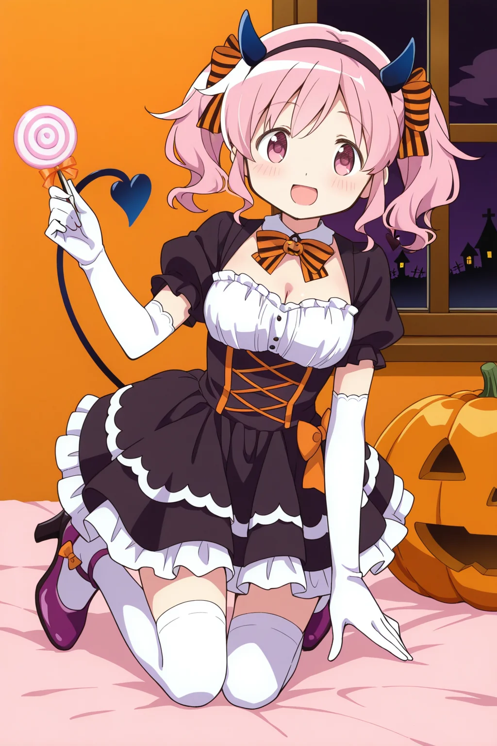 <lora:PuellaMagi:1>, PuellaMagi, 1girl, demon tail, tail, thighhighs, heart tail, solo, gloves, cleavage, twintails, horns, white thighhighs, white gloves, smile, looking at viewer, short sleeves, halloween, bow, food, dress, open mouth, candy, demon horns, blush, jack-o'-lantern, heart, frills, puffy short sleeves, puffy sleeves, black dress, striped clothes, :d, shoes, purple footwear, demon girl, elbow gloves, hair bow, bowtie, kneeling, swirl lollipop, striped bow, hairband, hand up, zettai ryouiki, high heels, indoors, pumpkin