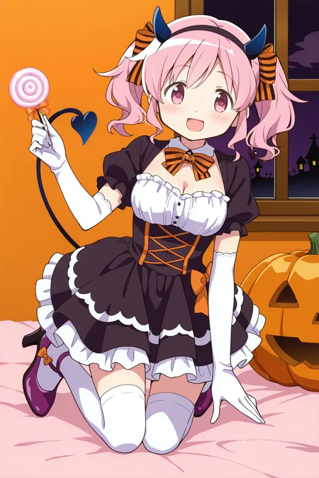 <lora:PuellaMagi:1>, PuellaMagi, 1girl, demon tail, tail, thighhighs, heart tail, solo, gloves, cleavage, twintails, horns, white thighhighs, white gloves, smile, looking at viewer, short sleeves, halloween, bow, food, dress, open mouth, candy, demon horns, blush, jack-o'-lantern, heart, frills, puffy short sleeves, puffy sleeves, black dress, striped clothes, :d, shoes, purple footwear, demon girl, elbow gloves, hair bow, bowtie, kneeling, swirl lollipop, striped bow, hairband, hand up, zettai ryouiki, high heels, indoors, pumpkin