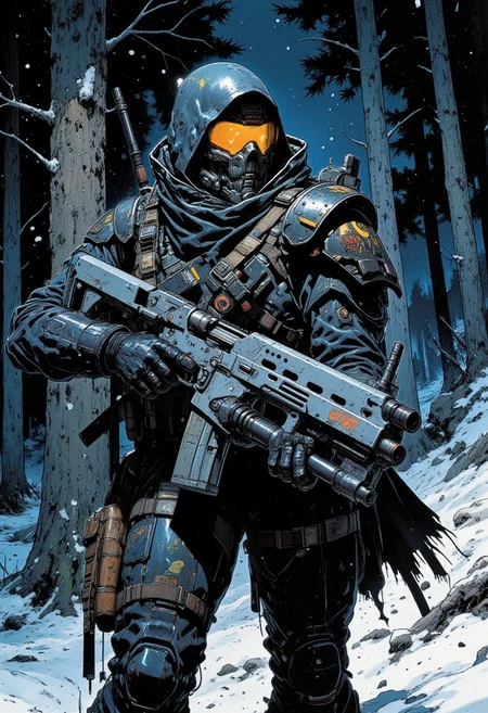 Comic book style, Dynamic viewpoint, dynamic angle. Female soldier with imposing, rugged look. Wears a black cyberpunk power armor with a helmet with a orange visor, fully covering their face. She has a hood draped over the helmet, partially obscuring it. She is aiming and shooting a futuristic cyberpunk rifle. The rifle has a large box magazine and no scope and is gray all over. Holster on right thigh. Grenades on backpack straps on the front. Armored gloves. Large right shoulder pad. Full figure is visible.
Background: A very dark forest at night, during a blizzard.
