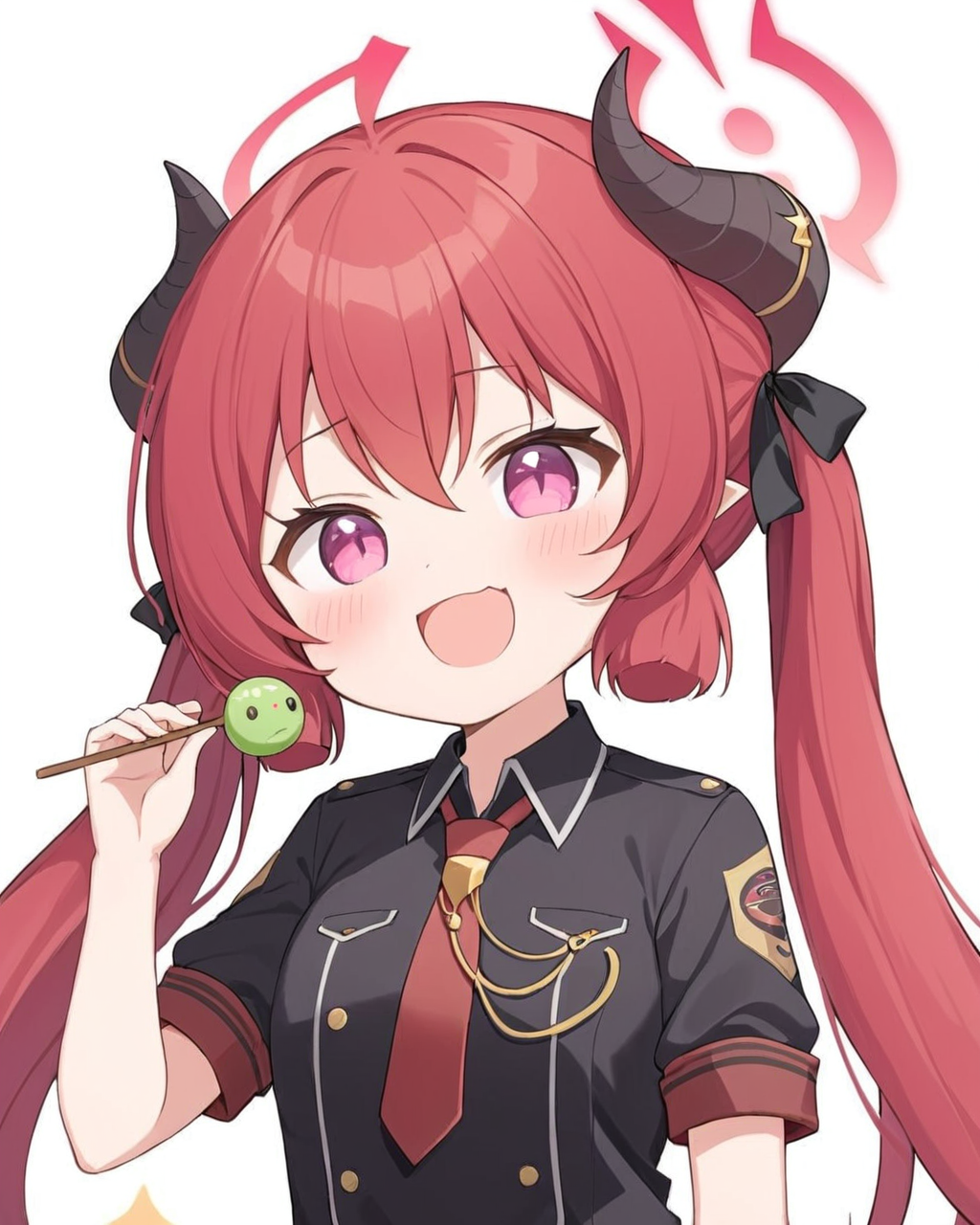 junko \(blue archive\),1girl, solo, horns, red_necktie, halo, dango, +_+, twintails, white_background, holding_food, simple_background, short_sleeves, upper_body, mouth_drool, sparkle, black_shirt, blush, collared_shirt, black_ribbon, smile, open_mouth, chibi
<lora:junko_(blue_archive)_image691_2023-11-28-000012:1>halo. gorgeous,key visual, vibrant, studio anime,award-winning, professional, highly detailed,high budget, cinemascope
