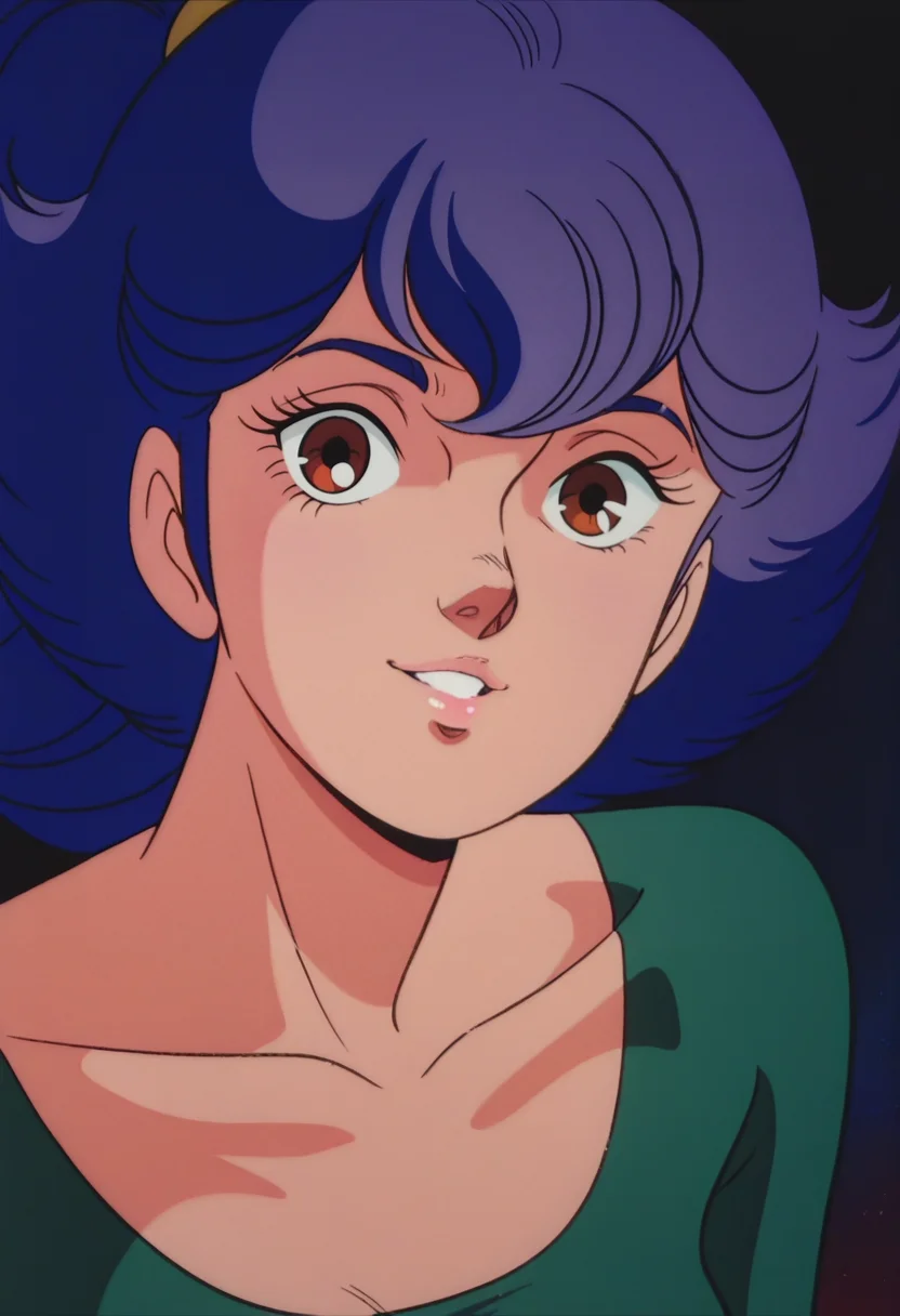 masterpiece,best quality,amazing quality,
cbraBlmy,
1girl, solo, 1980s (style), anime coloring,
purple hair, blue hair, high ponytail, brown eyes, lips, green bodysuit, collarbone, medium breasts, close-up,
smile, looking at viewer, parted lips,