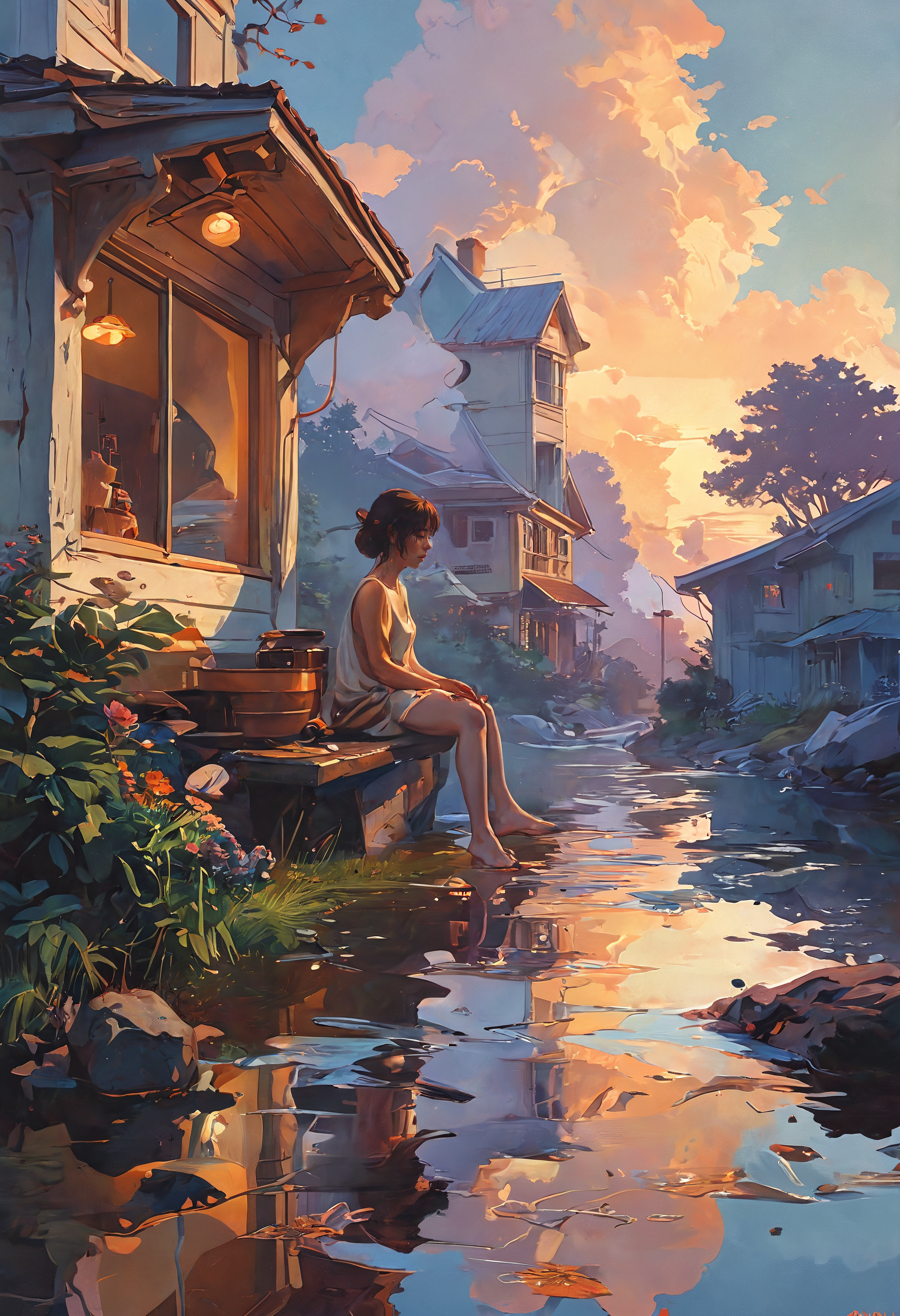 Fever Dream illustration by Michael Whelan, Bob Larkin and Tomer Hanuka, simple illustration, domestic, nostalgic, clean, full of details, by Makoto Shinkai and thomas kinkade, Matte painting, trending on artstation and unreal engine, New Yorker magazine cover <lora:add-detail-xl:0.5> <lora:MJ52:0.5> <lora:EldritchRomanceIllustration_0.9.1:1>