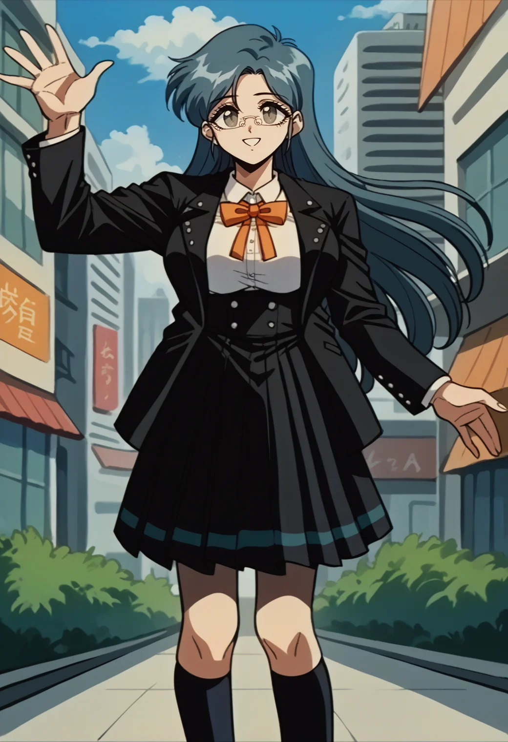 score_9, score_8_up, score_7_up, source_anime, 1girl, smile, waving, feet out of frame, parted bangs, <lora:FeOva-pdxl_Fp:1> retro artstyle, <lora:TsumugiDR-pdxl:1> defTsu, long hair, grey eyes, glasses, black jacket, open jacket, long sleeves, white shirt, collared shirt, large breasts, orange bowtie, high-waist skirt, black skirt, pleated skirt, black socks, kneehighs, outdoors, city