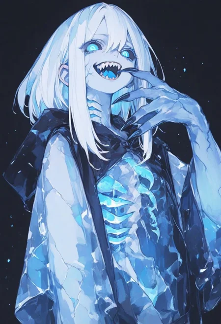 1 girl , solo , ((blue veins)) , sharp teeth , black sclera , blue eyes , glowing pupils , color sclera , gills , claws , blue hands , transparent skin ,
masterpiece, best quality ,amazing quality , anime style , S4bit4mago_illu , xxx667_illu , ma1ma1helmes_b_illu,