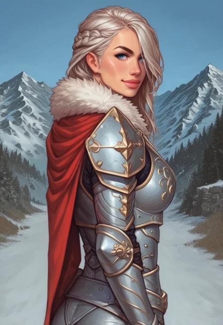 1girl, ((back view))), looking at viewer, highly detailed, from front, 1girl, highly detailed, skinny, looking at viewer, 1girl, masterpiece, best quality,
raw, masterpiece, extremely detailed, hyperrealism, photo, perfect anatomy, magnificent young warrior, full body, dramatic lighting, shadow play, romantic, heroism, epic, determination, proud, eternal beauty, detailed face, very long hair, very dark brown hair, beautiful blue eyes, battlefield background, massive plate armor, masculine body, muscular, heavy arms armor, red cape, fur collar, sword, BREAK
slight smile, looking at viewer, fur coat, dynamic pose,
BREAK
long hair, silver hair, hair over one eye, blue eye, big hair, dynamic pose
BREAK
best quality, depth of field, bokeh, (((full clothed))), ((ready to fight, holdind big sword in hands, big two-handed sword in hands)), highlander
BREAK
(((((snow, stones, mountains))))) score_9, score_8_up, score_7_up, score_6_up, source_cartoon, rating_explicit, Expressiveh, (((((upper body))))), dynamic pose