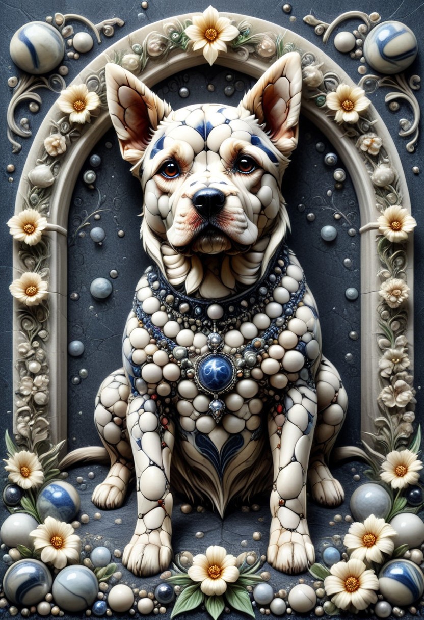 a illustration of a dog as a wall emblem made with marbles, flowers around, gothic style, mobe-godeen
