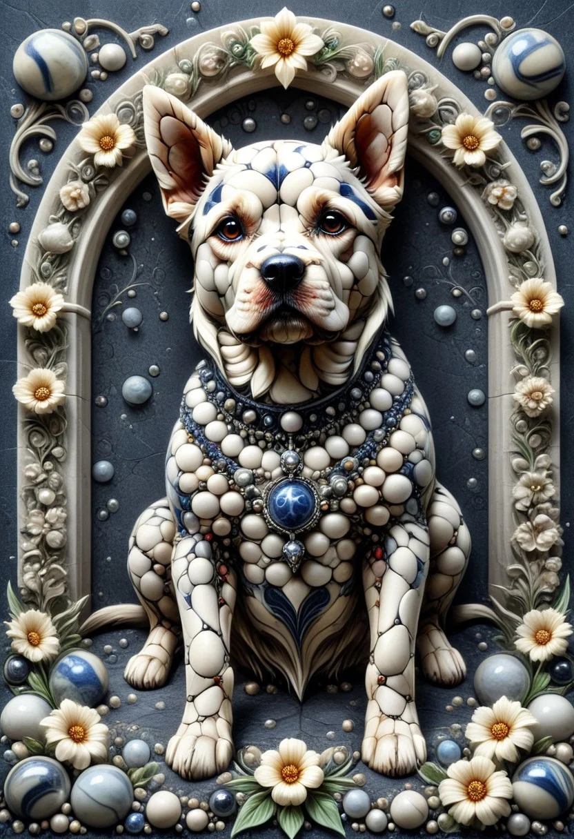 a illustration of a dog as a wall emblem made with marbles, flowers around, gothic style, mobe-godeen