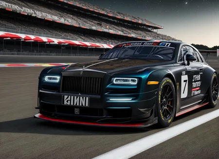 tuned [rolls royce phantom | gt3 racing car] on race track pitlane, ((night)), outdoors, night sky, stars, intricate livery, masterpiece, 75mm, realism, cinematic, (hdr:1.3), hyperrealism, intricate details, 3d render, rtx, cgi