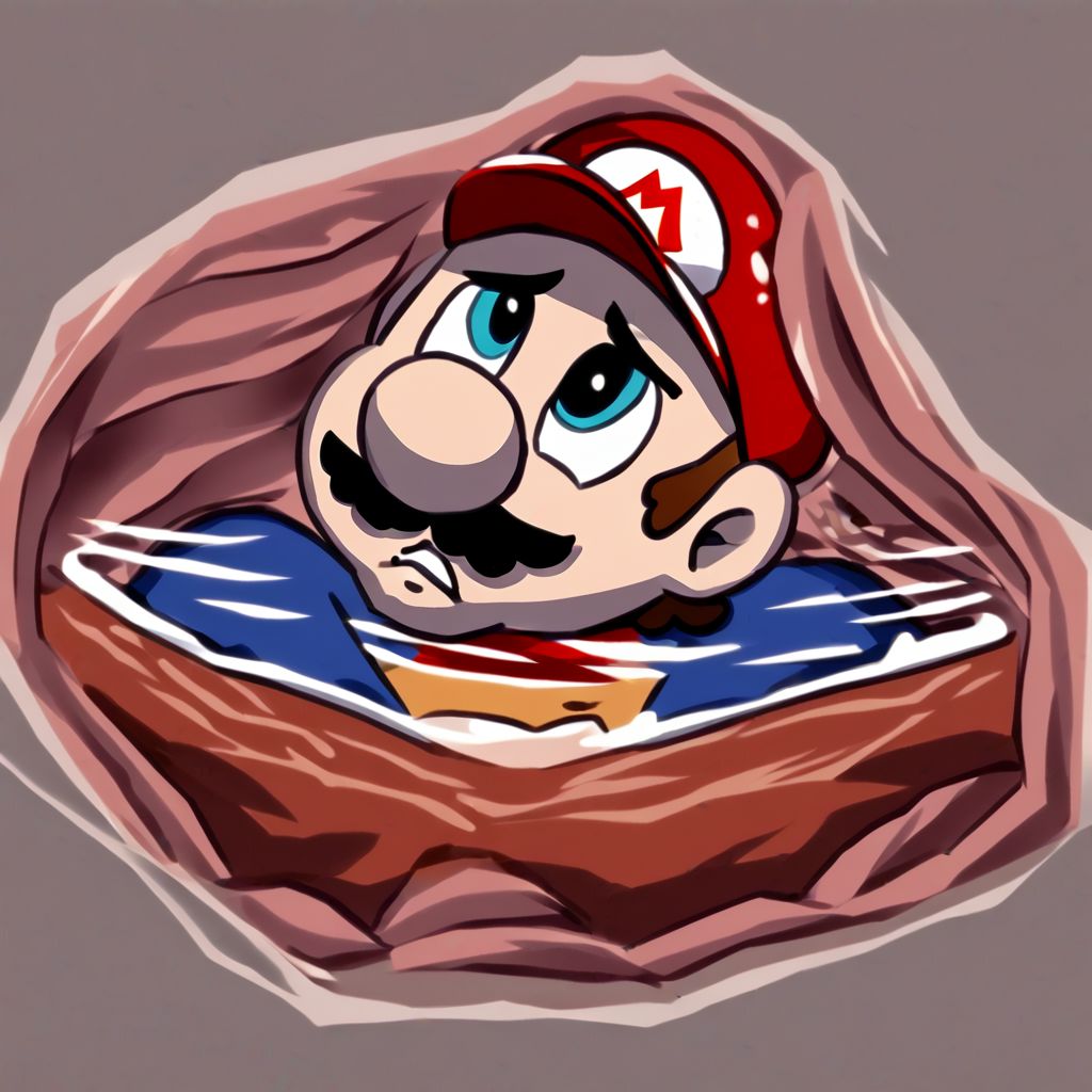 Mario, solo, whole body, looking up, male, red capped plumber, in stomach, vore internal, stomach internal background, legs, fetal position, detailed, shaded, textures, worried, sad, flesh background, stomach acid