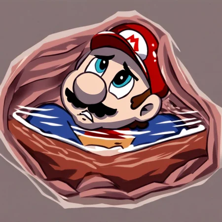 Mario, solo, whole body, looking up, male, red capped plumber, in stomach, vore internal, stomach internal background, legs, fetal position, detailed, shaded, textures, worried, sad, flesh background, stomach acid