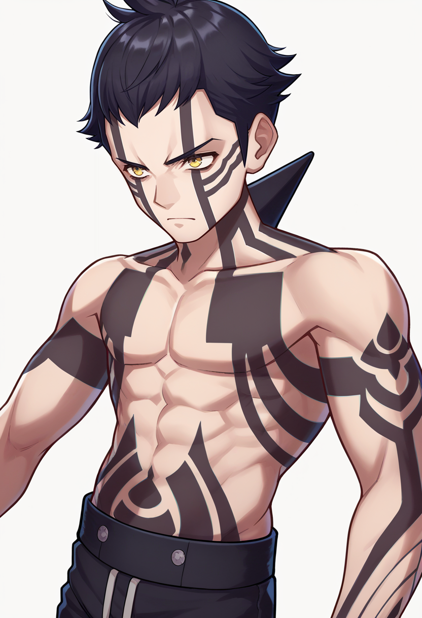 score_9, score_8_up, score_7_up, source_anime BREAK 1boy, solo,
<lora:zs_EngagePortraitsXL:1> engageportraits, portrait, white background,
 <lora:smtiii_demi-fiend_ponyXL:1> demi-fiend, full-body tattoo, topless male, black shorts
