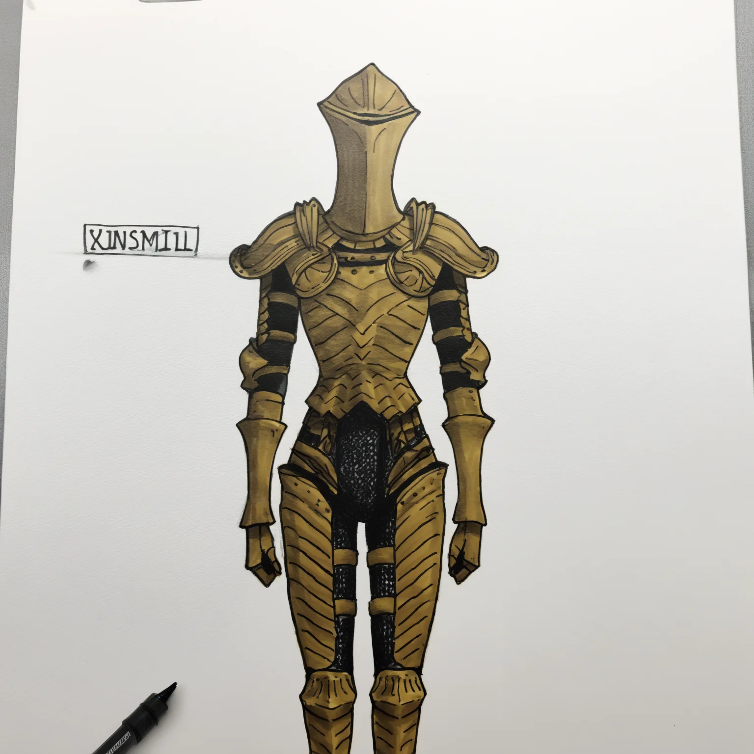 masterpiece, best quality, uielis, 1other, solo, gold helmet, covered face, gold breastplate, gold shoulder armor, gold gauntlets, gold faulds, gold greaves, chainmail, whiteboard \(medium\), marker \(medium\), photoshop \(medium\), traditional media, monochrome, graphite \(medium\) <lora:Ruin Sentinels:1>