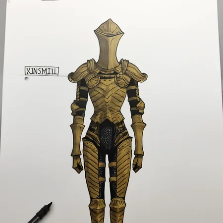 masterpiece, best quality, uielis, 1other, solo, gold helmet, covered face, gold breastplate, gold shoulder armor, gold gauntlets, gold faulds, gold greaves, chainmail, whiteboard \(medium\), marker \(medium\), photoshop \(medium\), traditional media, monochrome, graphite \(medium\) <lora:Ruin Sentinels:1>