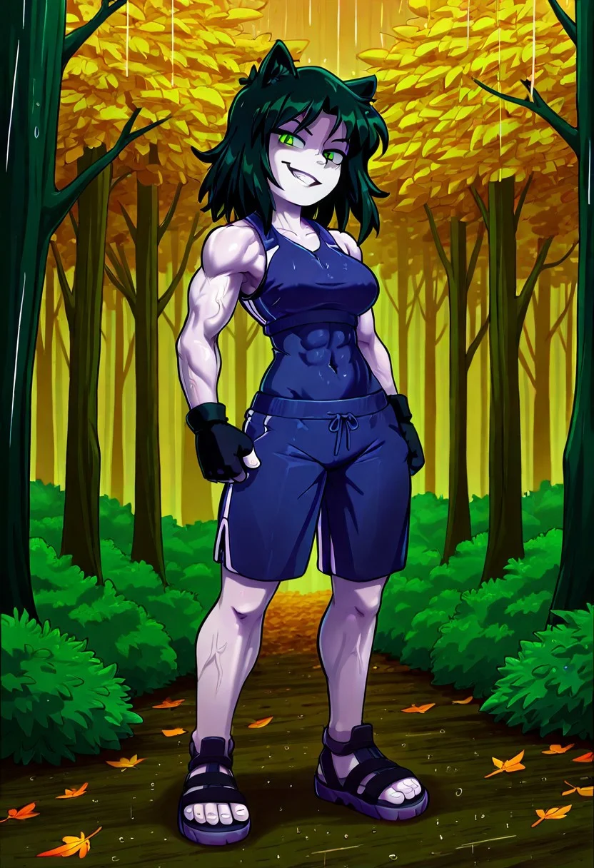 autumn forest, rain, 1girl, muscular body, sportswear, sleeveless, shorts, visible tummy, sandals, fingerless gloves, medium hair, wild hair, black hair, green eyes, evil grin, pale skin, cat ears