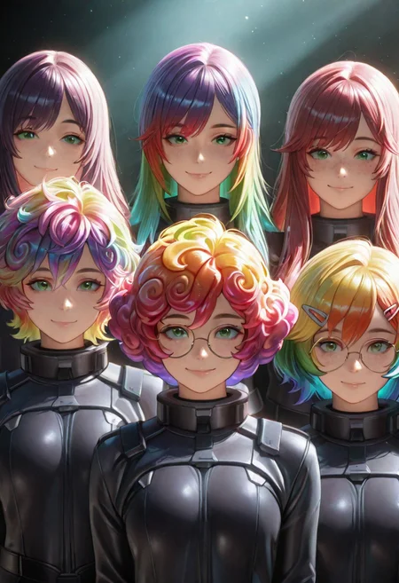 masterpiece,best quality,higres illustration,detailed face, ,lineup,smile, endless cosmos background, round glasses, short intricate spikey hair, multicolored hair, rainbow colored hair, freckles, green eyes, candy hairclip, different outfits, fractal nature of the multiverse, volumetric lighting, light particles, very aesthetic, vibrant colors, stunning visuals,