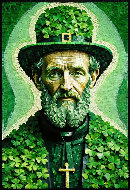 portrait of St. Patrick, composed entirely of shamrocks, varying shades of green, pixelated texture, negative space outline, mosaic effect