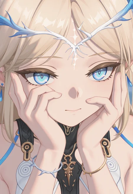 masterpiece,best quality,amazing quality,
1girl cartex, blue eyes, blonde hair, forehead white mark,ech0 outfit, forehead mark, white mark, bracelet, fantasy dress, earrings, long hair, small breasts,
close-up shot, hands gently touching face, soft lighting, flower field, delicate pastel colors, nature-inspired beauty,
<lora:WuWa_cartethyia IL:0.8>