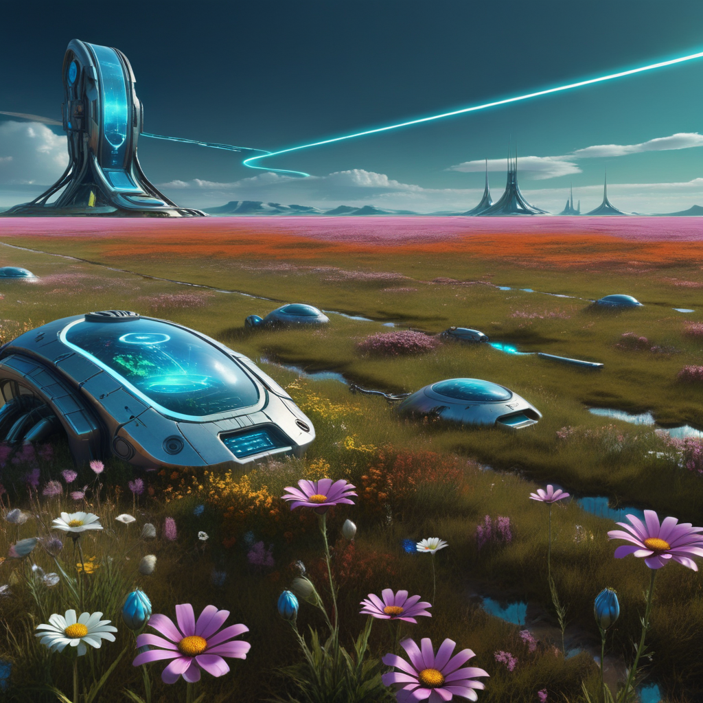 A vast prairie landscape with flowers and futuristic technology
