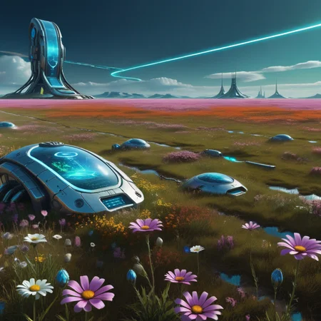 A vast prairie landscape with flowers and futuristic technology