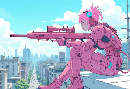 hyper realistic and highly detailed, highly dynamic cinematic panorama view, 
girl in pink high-tech armor, candy armor, pink hair, holding a pink candy rifle, winking, sticking out her tongue, bright day, high-tech city, sunny weather, on the roof, sitting on the edge of a building, cheerful playful mood
blue sakura flower in hair,