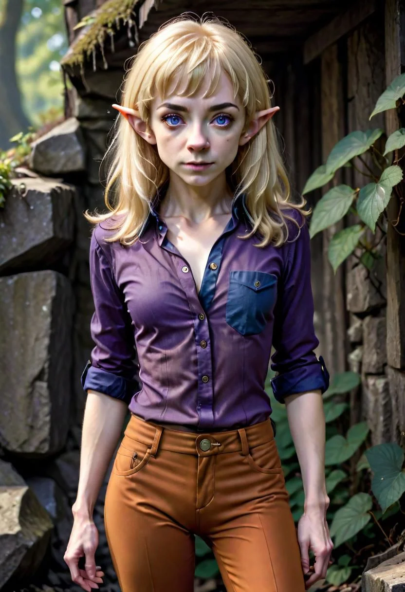 photo of pale (Age 19) female (halfling:1.75), (flat chested, rectangle body shape), (shaggy blonde, middle part), blue eyes, ((Dark purple)/(Dark Orange) masculine shirt/pants), homely, tiny, petite, thin, toned, lithe, full body, outdoors, HDR